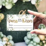 How Many Kisses In The Jar Bridal Shower Game, Wedding Shower Games, Bachelorette Party Night, Eucalyptus Leaf Neutral Party Game Cards, Bridal Party Decorations - 1 Standing Sign And 50 Pcs Cards