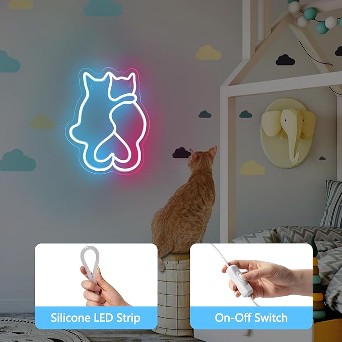 Two Cat Neon Signs LED Wall Light Cute Kawaii Animal 3D Decor for Bedroom Kids Room Living Room Party Gift