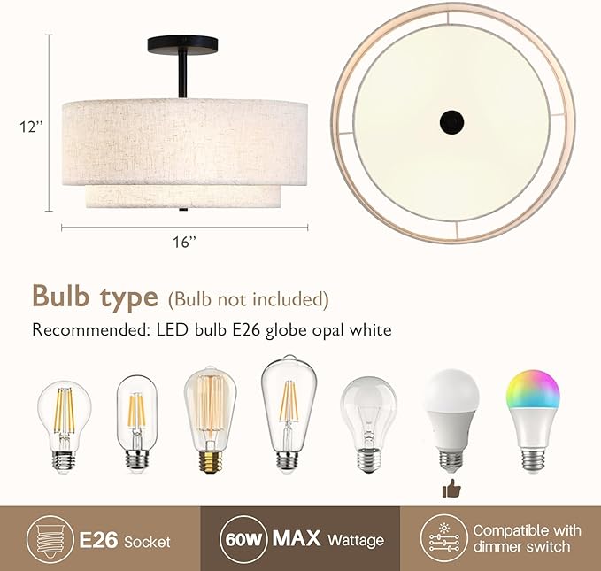 16 Inch Double Drum Ceiling Light 3 Light Semi Flush Mount Fabric Shade Fixture