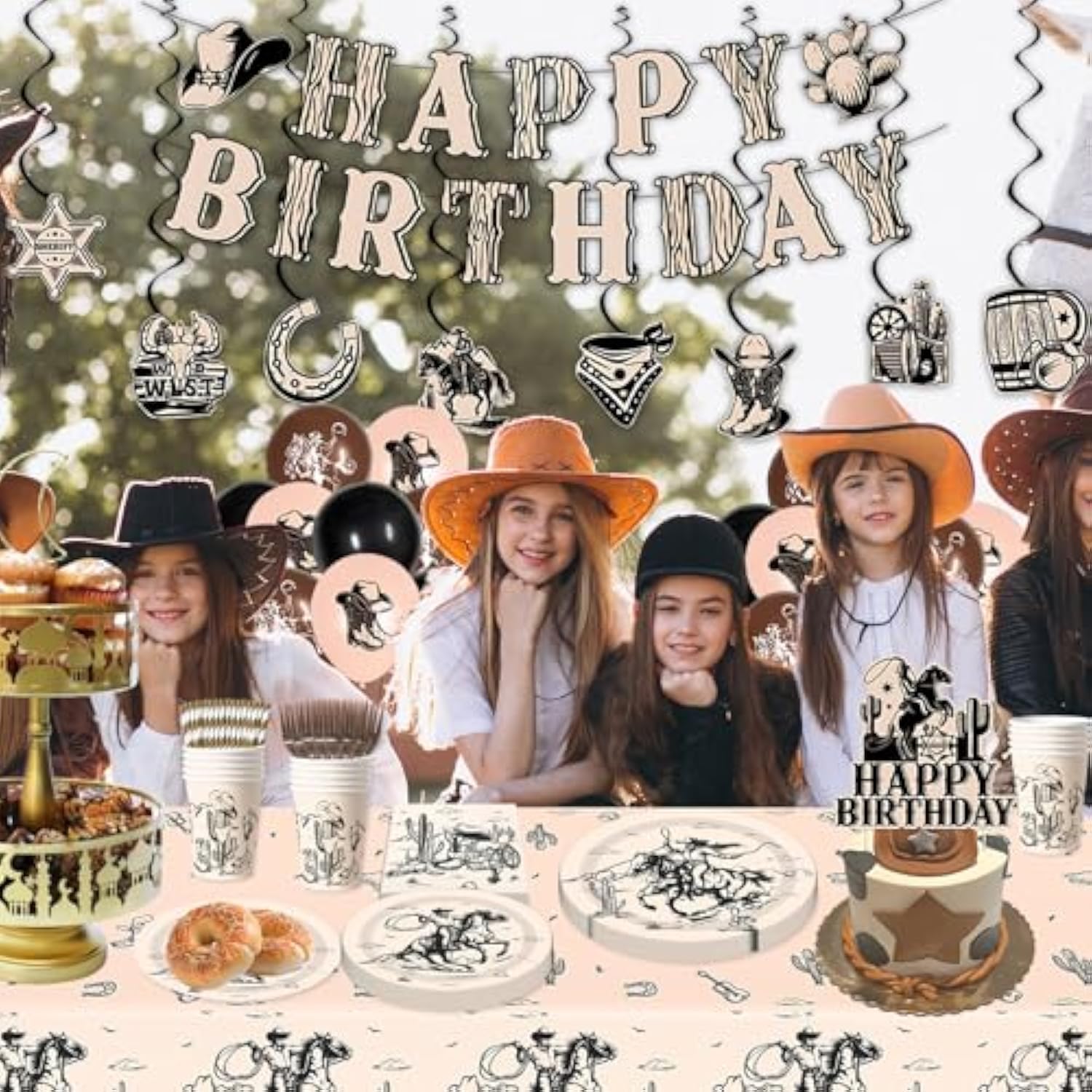 Western Cowboy Birthday Party Decorations Rodeo Wild West Party Supplies - Happy Birthday Banner, Hanging Swirl, Western Tablecloth, Rodeo Plates And Napkins Set For Cowgirl Party Decors