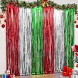 3-Pack Red Silver Green Foil Fringe Curtains 3.3x6.6 ft for Christmas and Party Decor