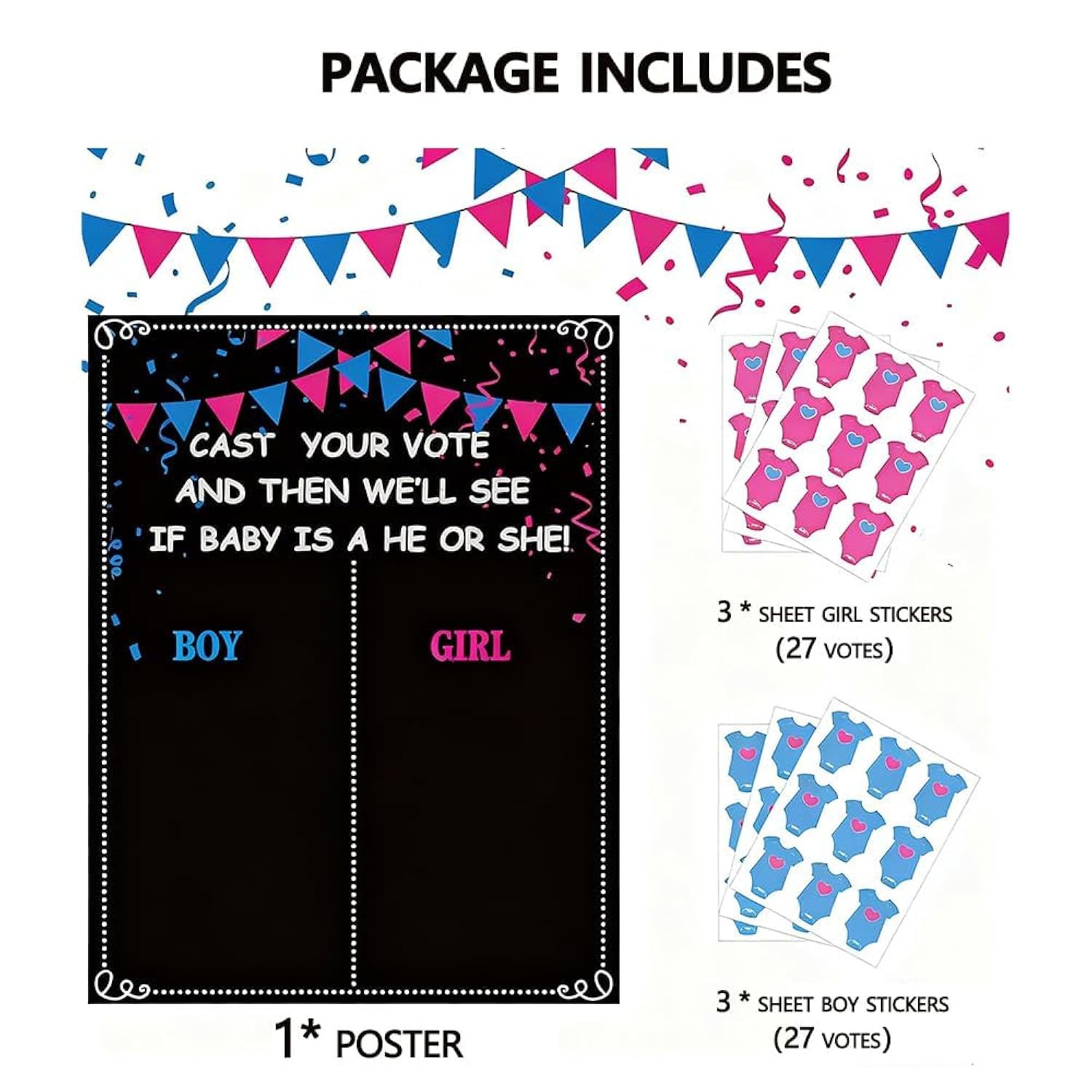 Baby Gender Reveal Decorations Ideas 1 Poster 54 Voting Stickers For Guest Boy Or Girl Gender Reveal Games Party Supplies For Gender Reveal Voting Cast Your Vote Gender Reveal Themes Gifts Centerpiece