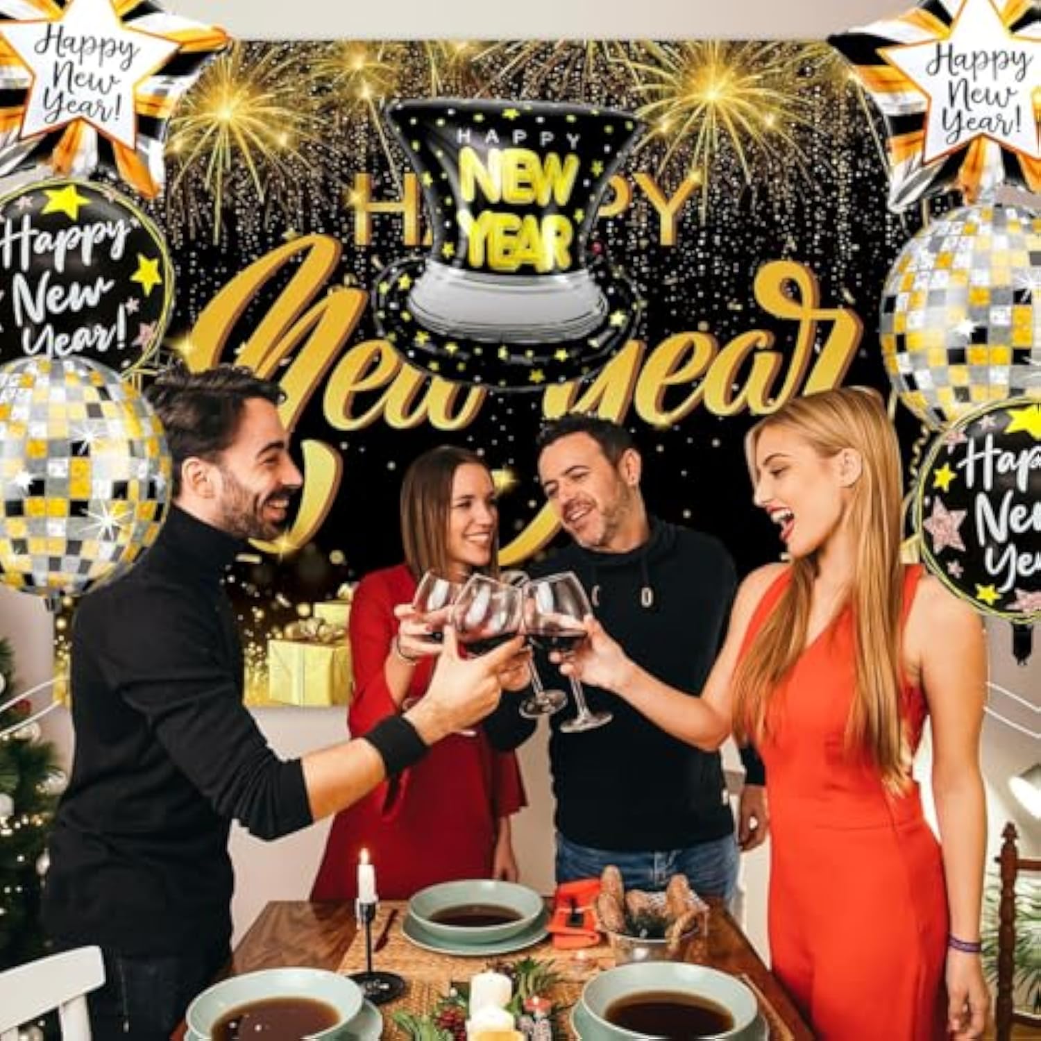 7 Pcs Black Gold 22 Inch Disco Ball Happy New Year 2026 Balloons
