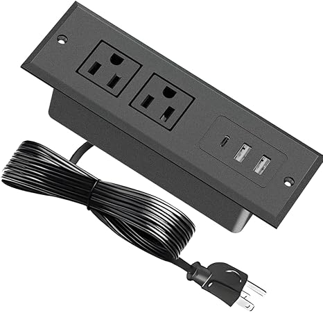Flush Mount Power Strip USB C Charging Station Hidden Outlet Extender Black