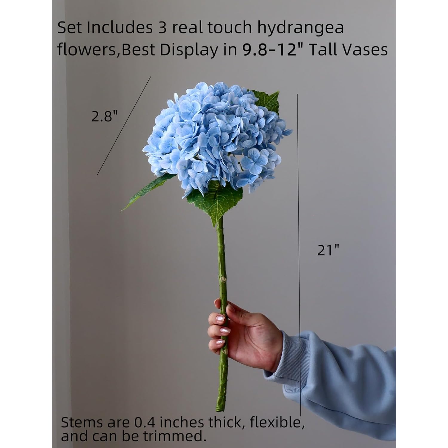 3Pcs 21" Real Touch Hydrangea Artificial Flowers, 3D Printed Latex Long Stem Fake Flowers For Tall Vase, Light Blue Hydrangeas With Stems, Faux Flowers For Wedding Centerpieces & Fall Decor