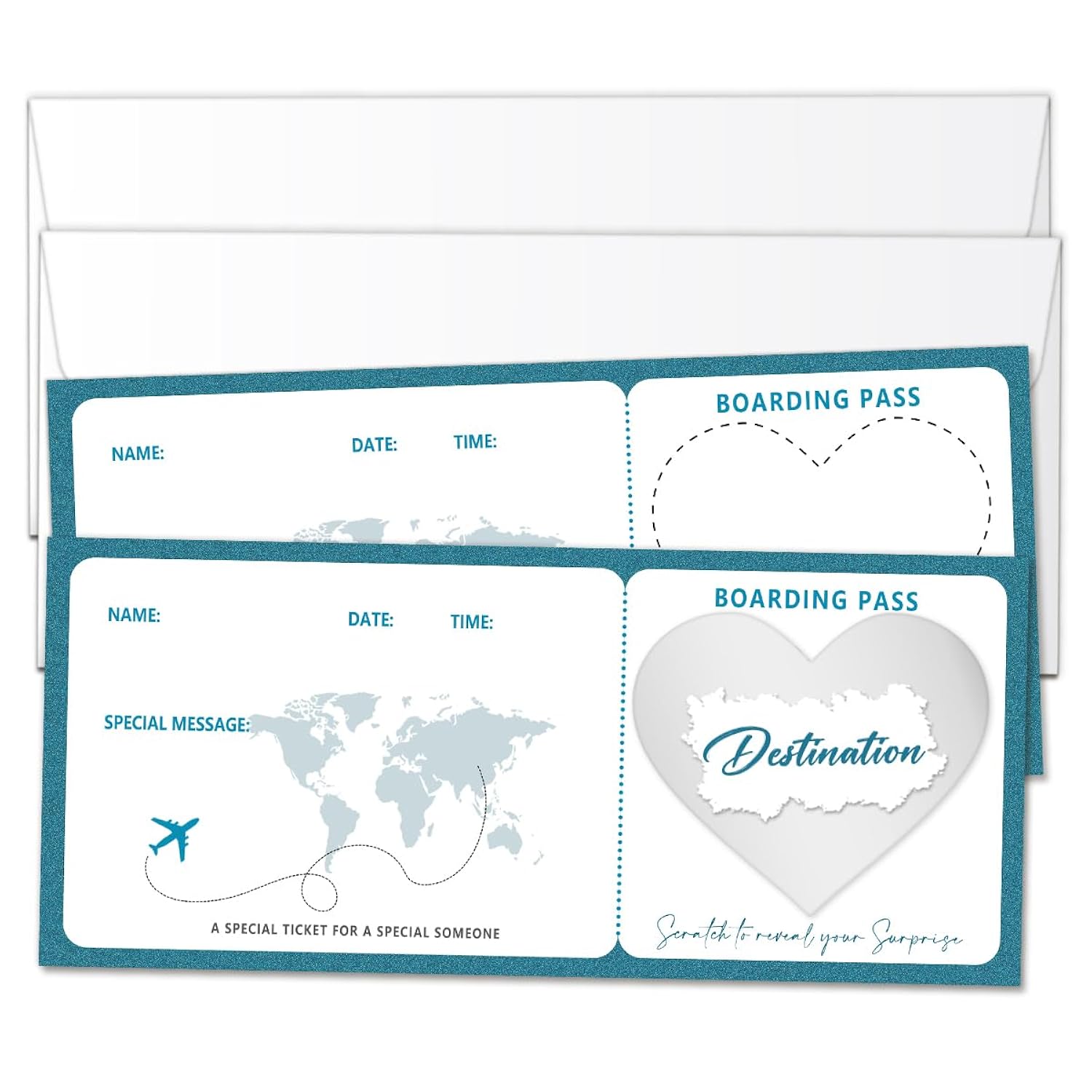Blue Boarding Pass Gift Ticket, Boarding Pass Airline Tickets Scratch Off Travel Tickets With Envelopes, Scratch & Reveal Surprise Ticket For Anniversary Wedding Birthday Graduation/001(2 Set Diy)