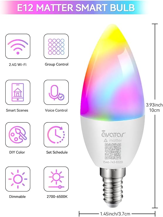 Matter E12 Smart LED Bulb RGBCW WiFi Candelabra Base Color Changing 1 Pack
