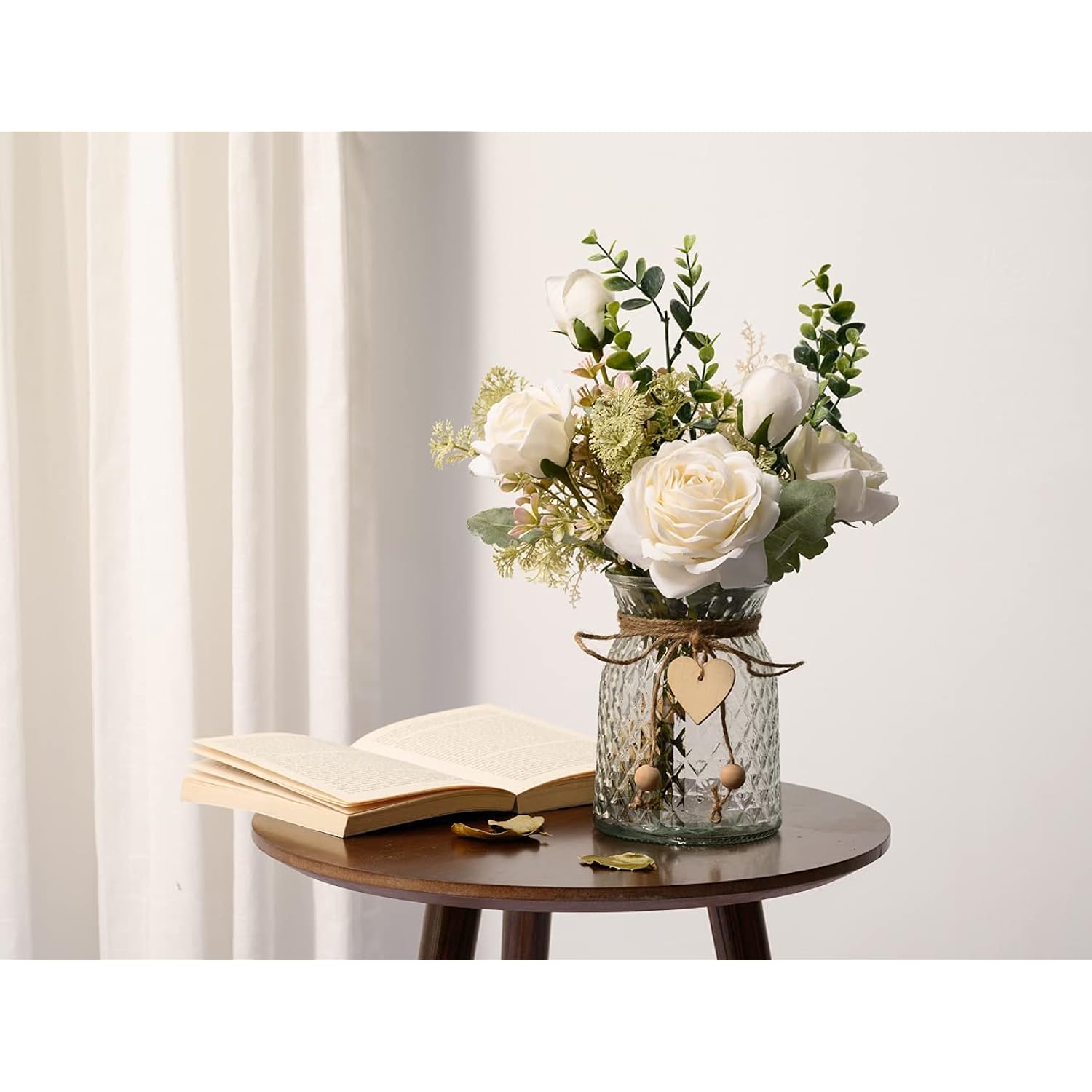 Fake Flowers With Vase, Silk Roses Artificial Flowers In Vase, Faux Flower Plant Arrangement Suitable For Home Office Decoration, Dining Table Centerpiece(White)