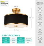 3 Light Gold Drum Ceiling Light with Black Fabric Shade Modern Semi Flush Mount Fixture