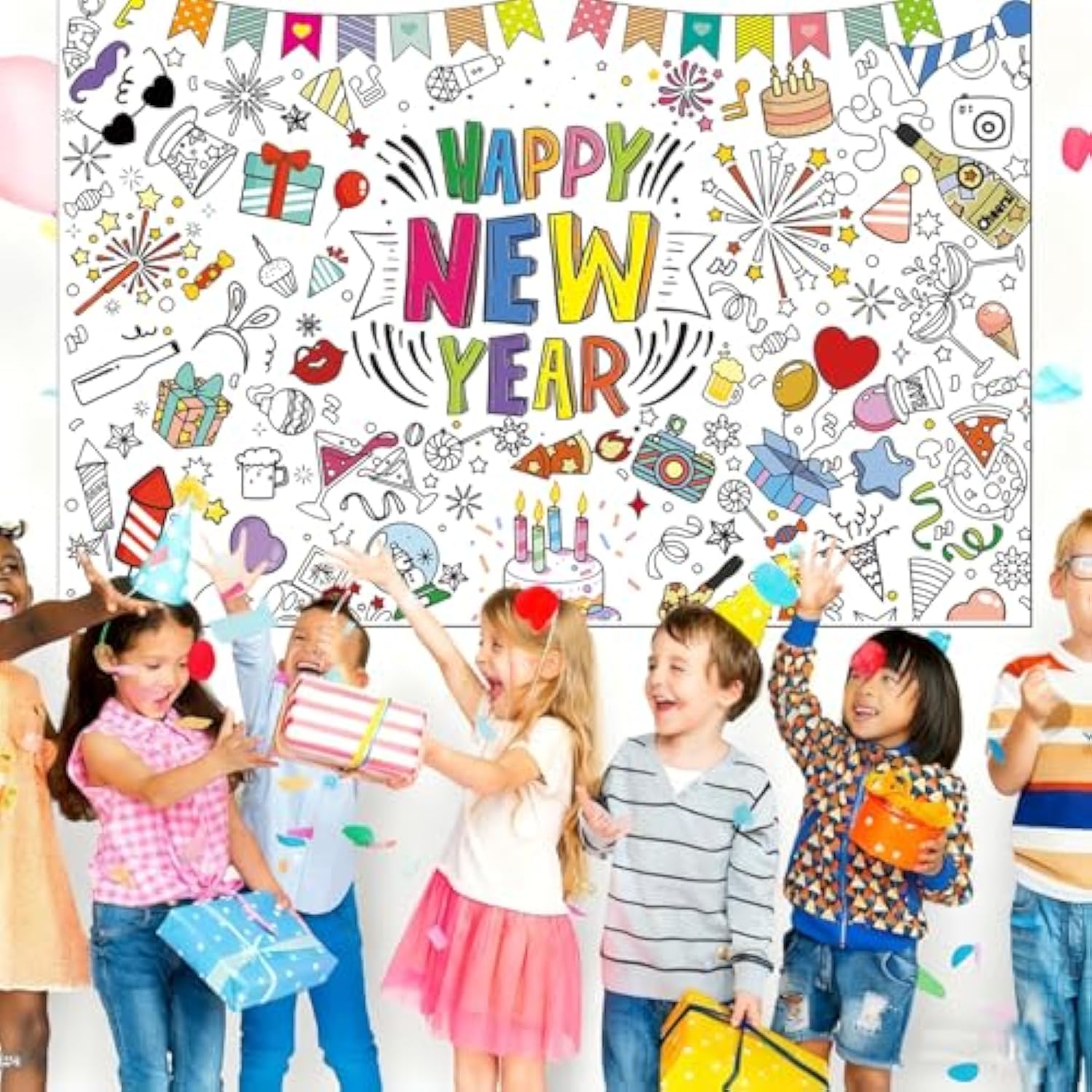 Happy New Year 2026 Giant Coloring Poster Tablecloth 72x30 with 24 Paint Pens
