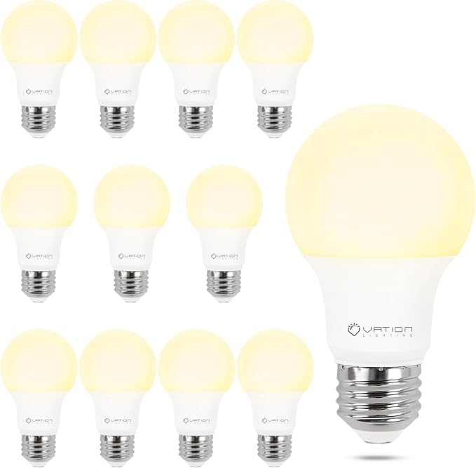 12 Pack A19 Dimmable LED Light Bulbs 9W 60W Equivalent 3000K Warm White 800 Lumens E26 Base