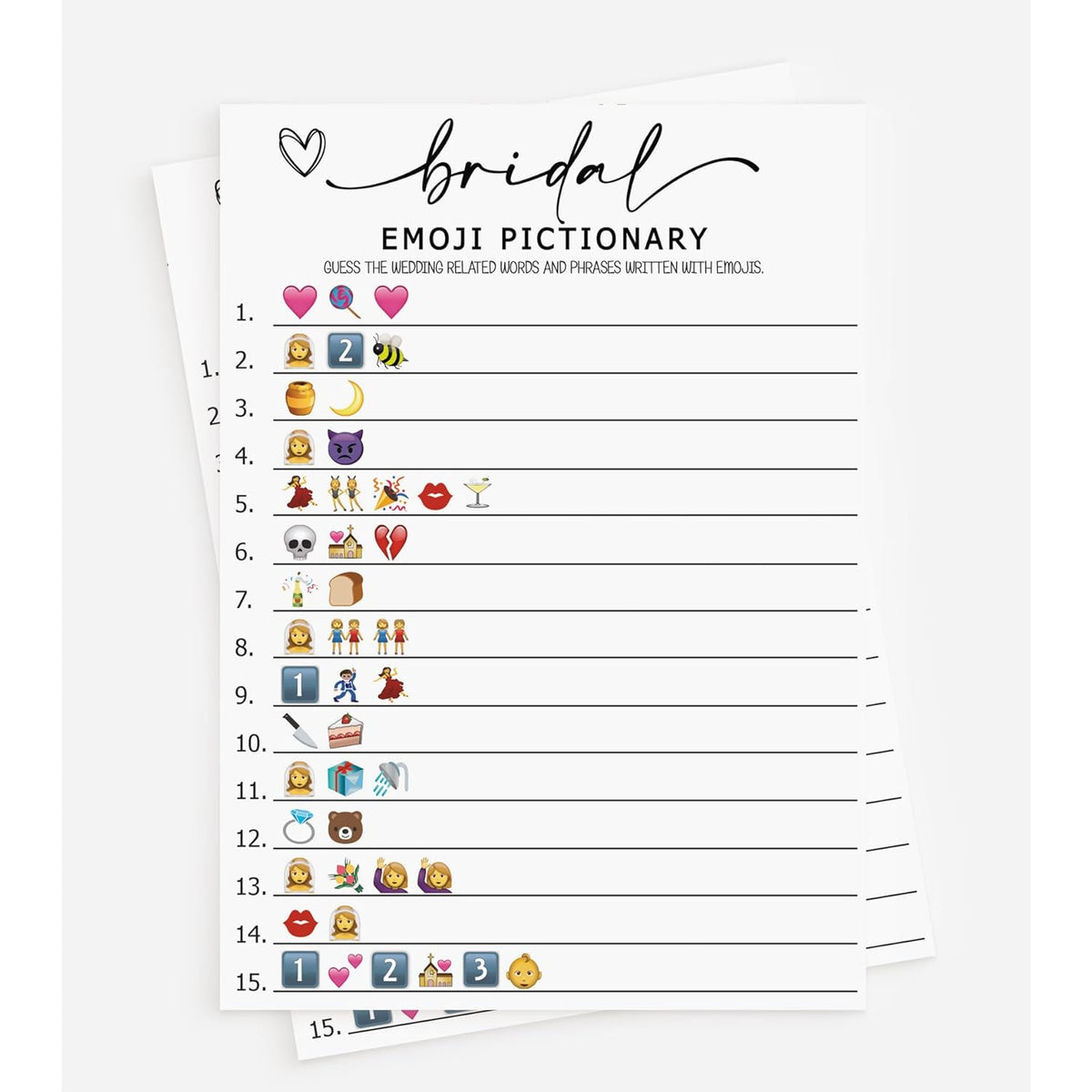 50 Bridal Shower Games Emoji Pictionary (50-Cards) Fun Wedding Game Activity, Decorations, Engagement Party, Rehearsal Dinner, Minimalist Script