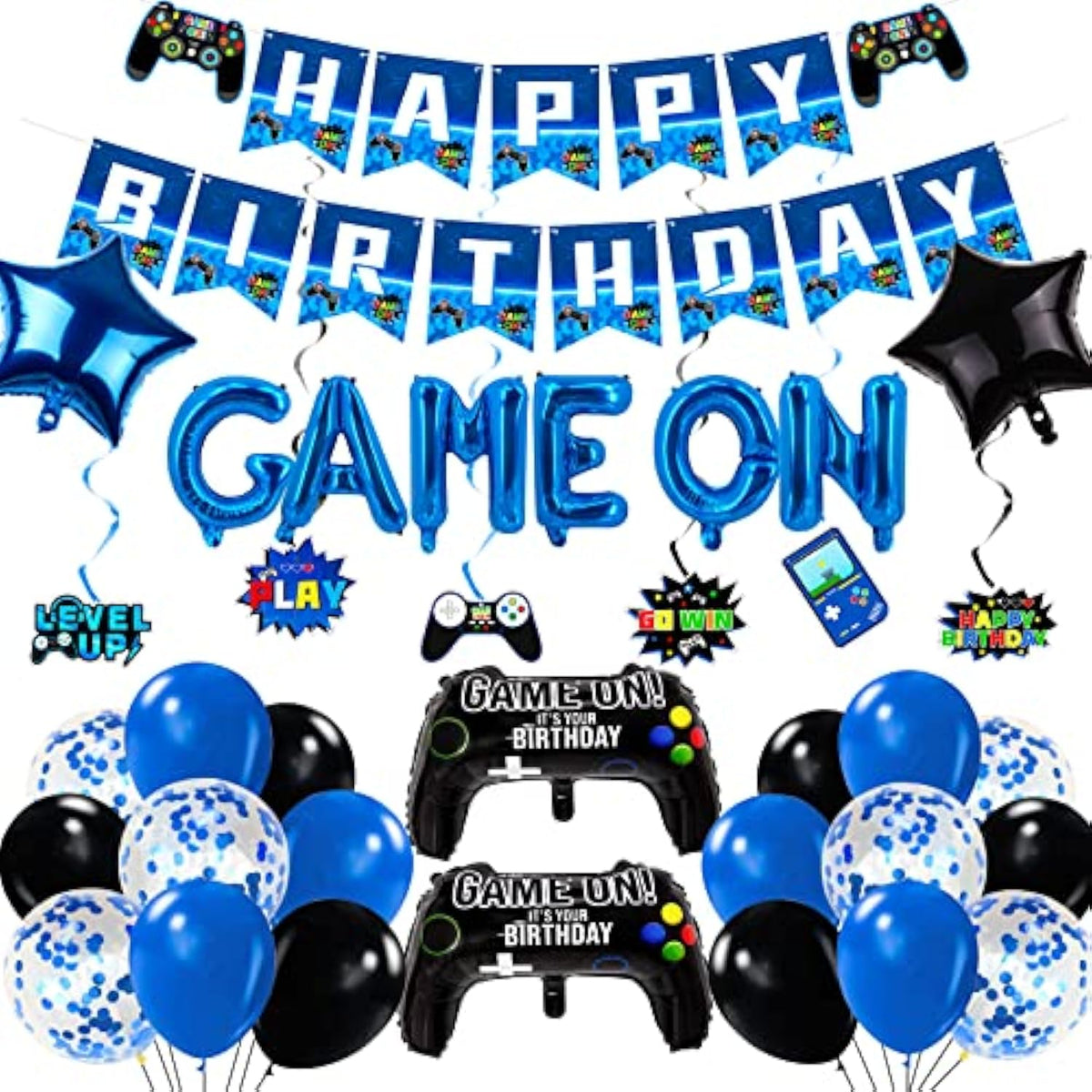 Video Game Birthday Party Decorations - 36 Pcs Navy Blue Game On Theme Birthday Party Supplies Happy Gaming Banner, Hanging Swirls, Balloons And Foil Gamer Balloons For Boys