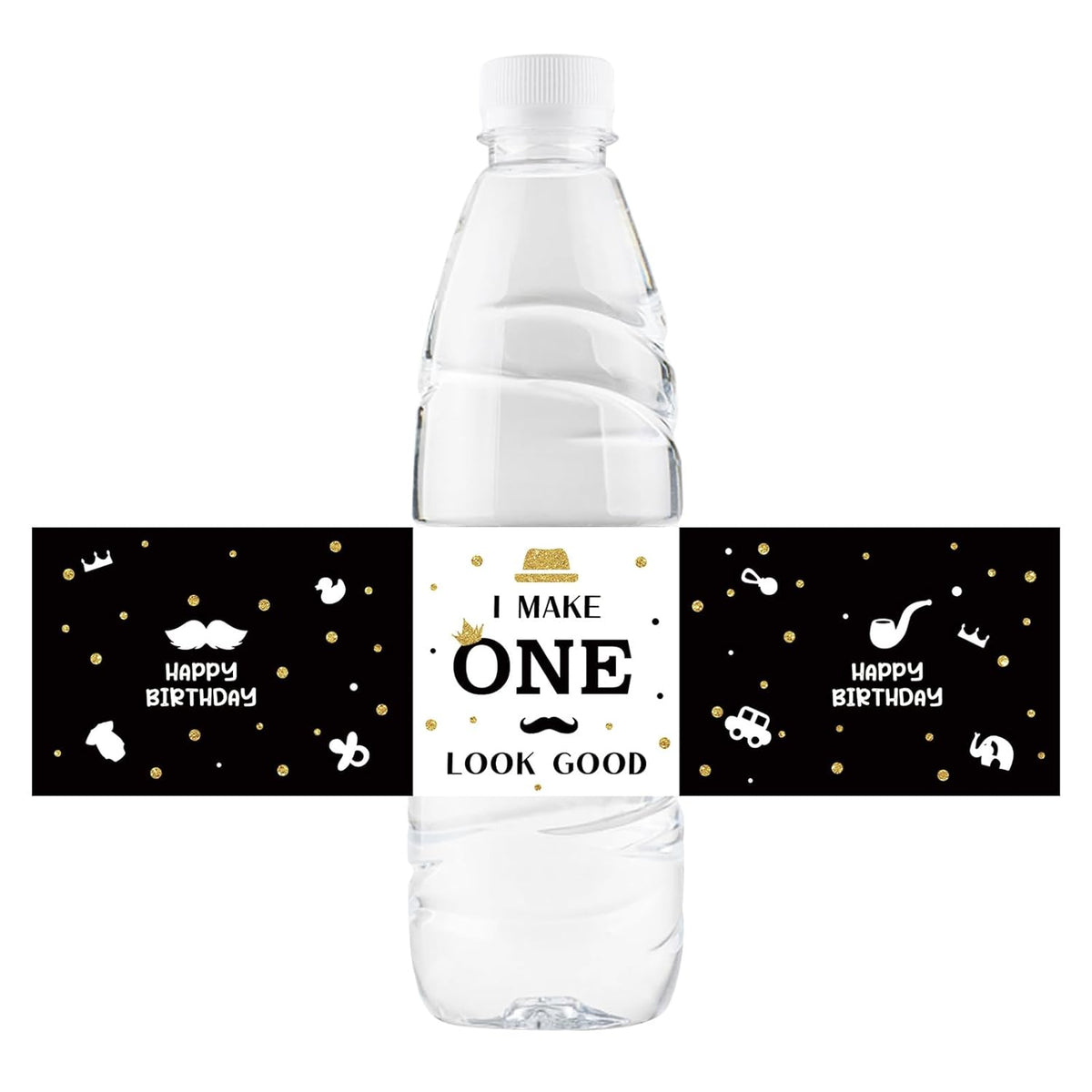 32 Pcs Happy 1St Birthday Water Bottle Labels, One Year Old Birthday Water Bottle Labels For Boys, Little Men Bottle Wrappers, Baby Shower Party Water Labels - Black Glitter