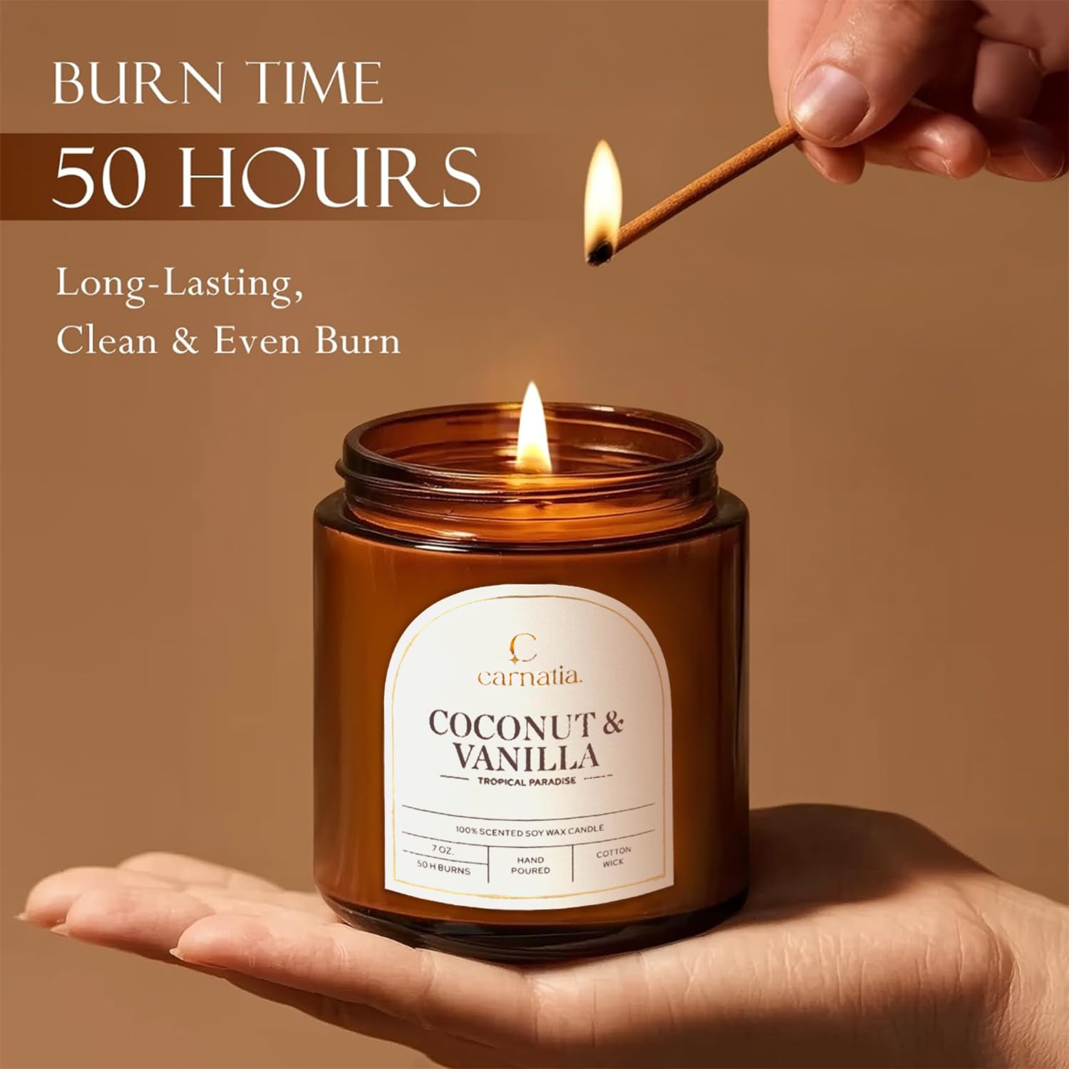 Coconut & Vanilla Scented Candle – 7 Oz | 100% Soy Wax With Cotton Wick | 50 Hour Burn | Aromatherapy Candle For Home, Stress Relief & Relaxation | Gift For Women & Men