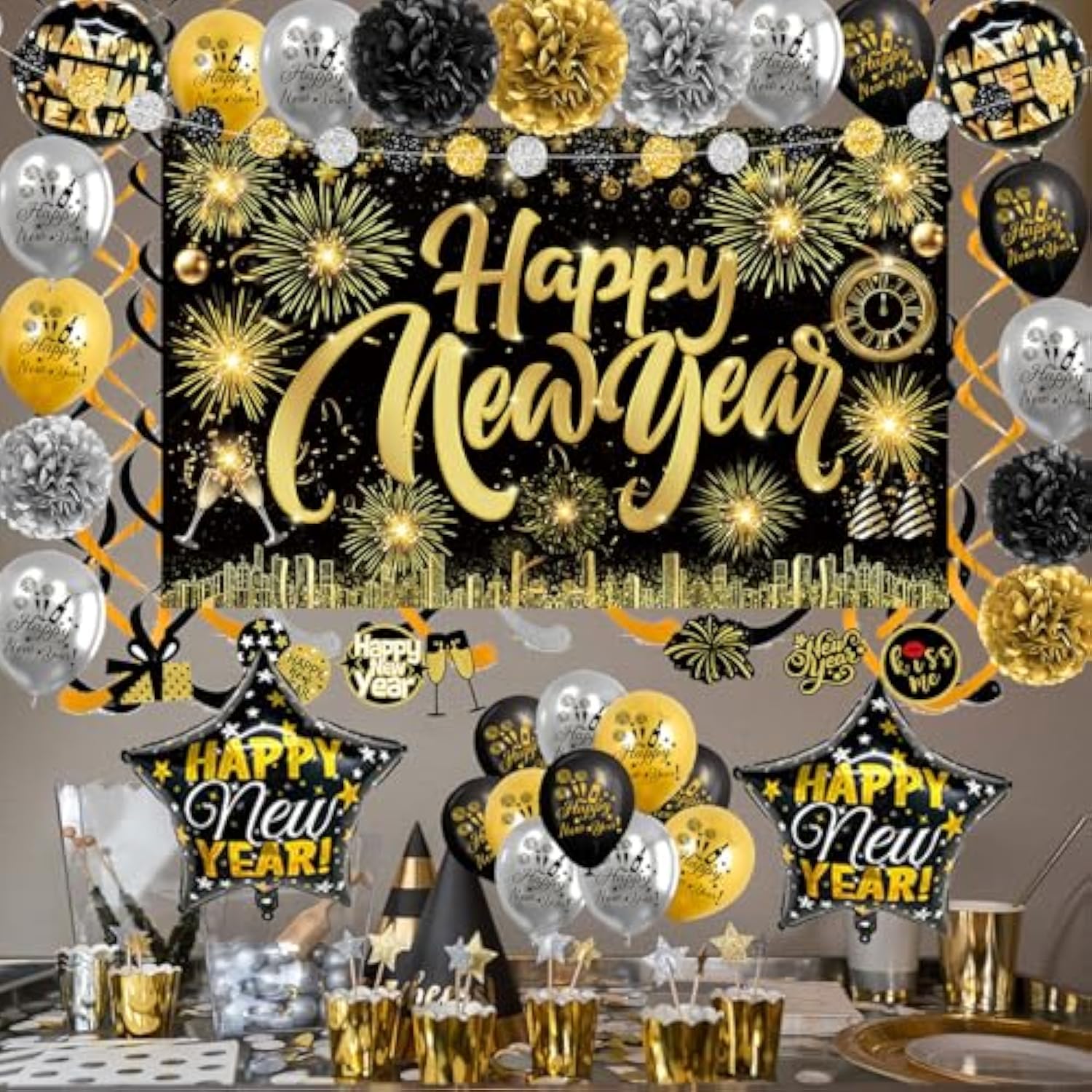 Happy New Year Photo Booth Backdrop with Fireworks Balloons and Pom Poms