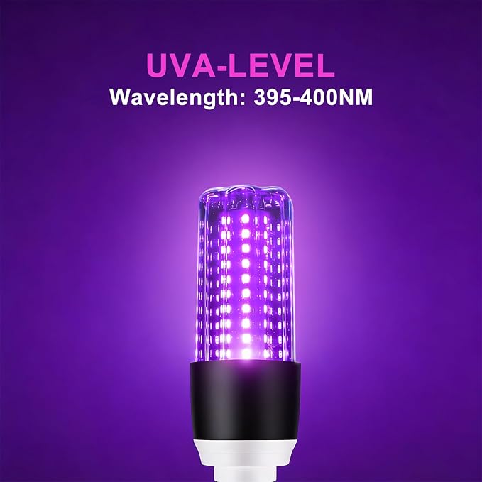 LED Black Light Bulbs 2 Pack 15W UV Blacklight 395nm 400nm E26 Base Glow Party Halloween Lighting