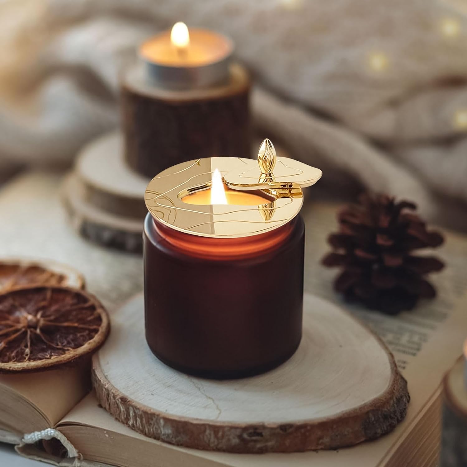 4 Pcs Jar Candle Cover Metals Candle Dust Cover Split Lid For Dia 7-8Cm Jar Candles Aroma Candle Decoration Dustproof Odor Storage Windproof Pit Proof Candle Extinguishing Gold & Silver
