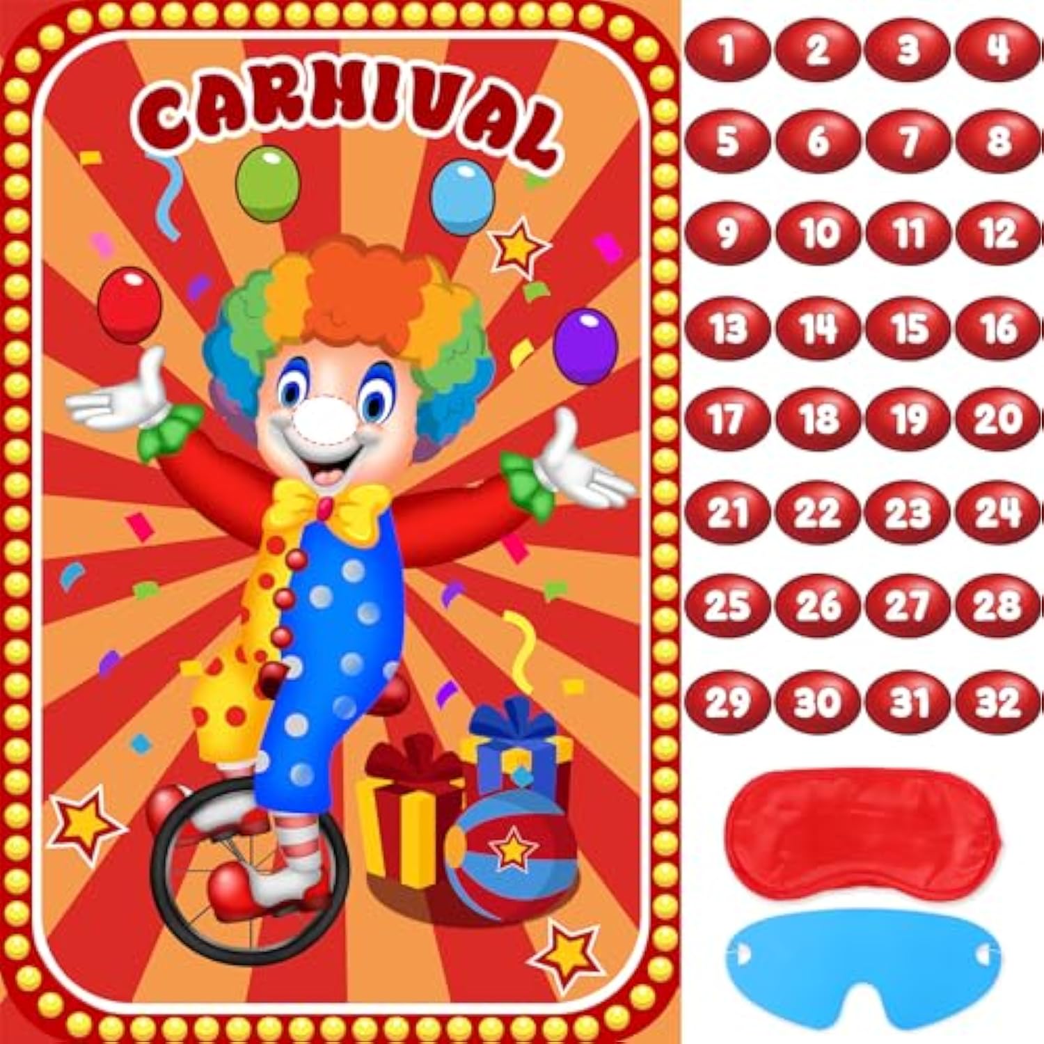 Circus Party Games, Pin The Noses On The Clown With 32 Pcs Nose Stickers, Large Carnival Clown Games Poster For Kids Birthday Party School Classroom Carnival Party Supplies