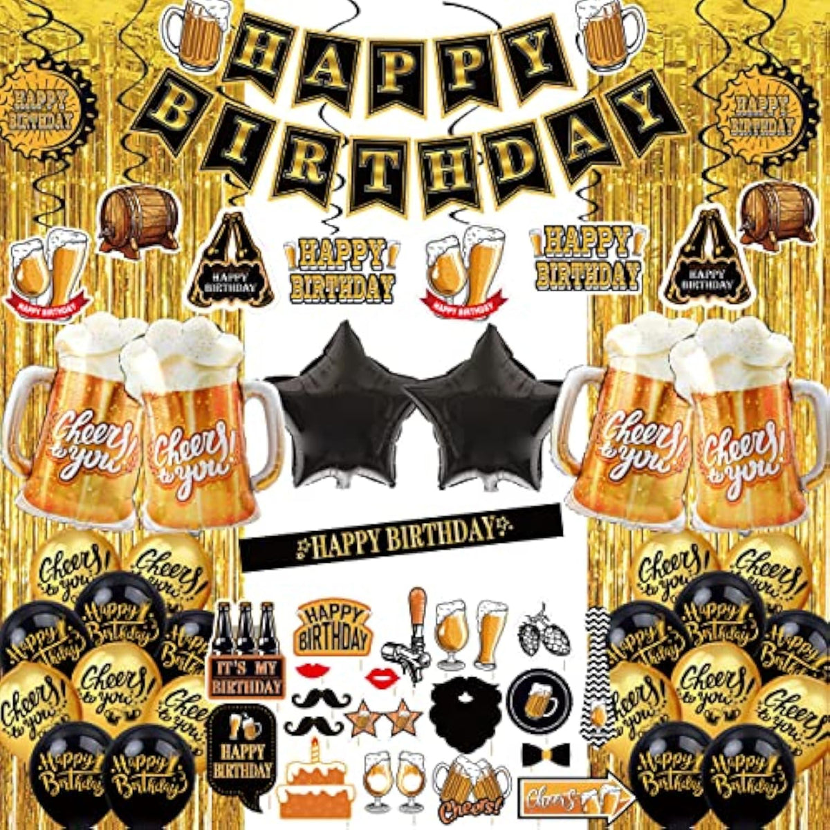Black And Gold Party Decorations For Men And Women: Happy Birthday Banner, Fringe Curtains, "Cheers To You" Foil Balloons, Hanging Swirls, Photo Props, Birthday Sash