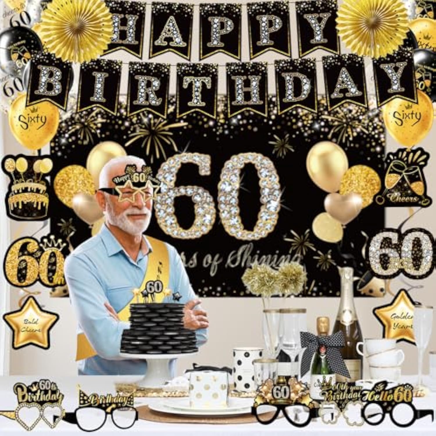 60th Birthday Decorations 39pcs Black Gold Banner Balloons and Party Supplies
