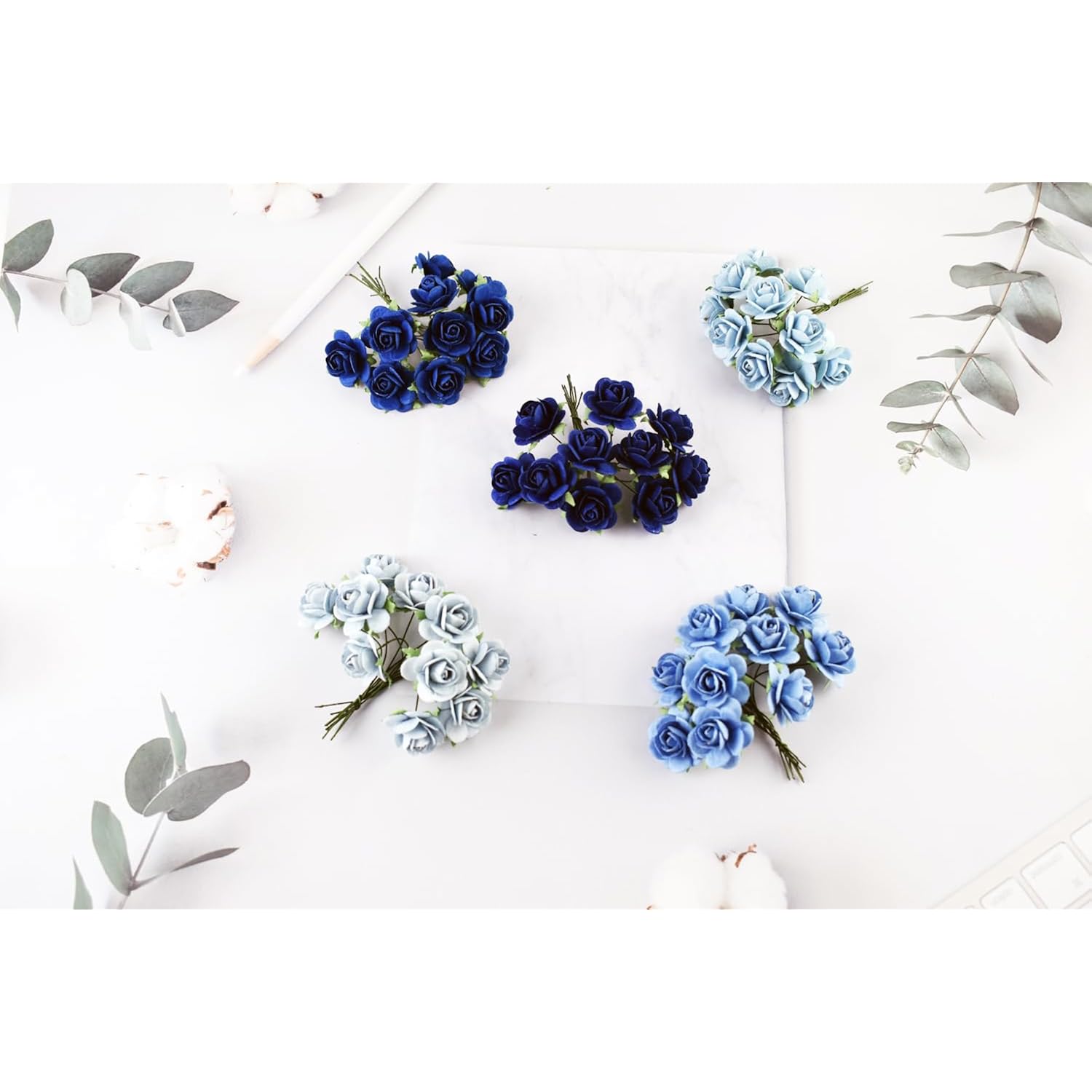 50 Pcs Tiny Artificial Roses Mixed Dark And Light Blue Shade Five Color Mulberry Paper Flower 15-24 Mm Flower Wedding Scrapbooking (20-24 Mm / 50 Pcs)