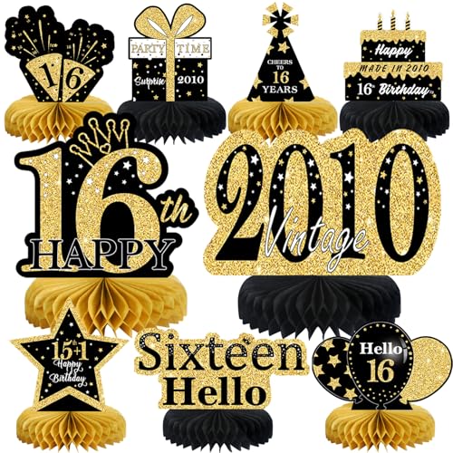 9Pcs Black Gold 16th Birthday Decorations Honeycomb Centerpieces for Boys Girls,Happy 16th Birthday Centerpieces Tables Toppers Party Decorations Supplies 16th Table Sign Decor