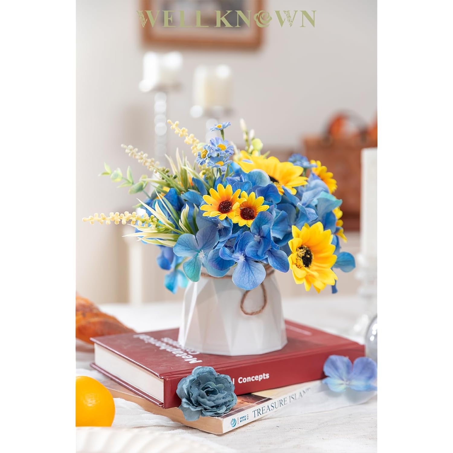 Small Fake Flowers In Plastic Vase 7" Centerpieces Coffee Table Decor, Silk Sunflower Arrangement For Home Decor Artificial Flower Bouquet For Dining Room Kitchen Wedding Summer Yellow Blue
