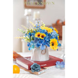 Small Fake Flowers In Plastic Vase 7" Centerpieces Coffee Table Decor, Silk Sunflower Arrangement For Home Decor Artificial Flower Bouquet For Dining Room Kitchen Wedding Summer Yellow Blue