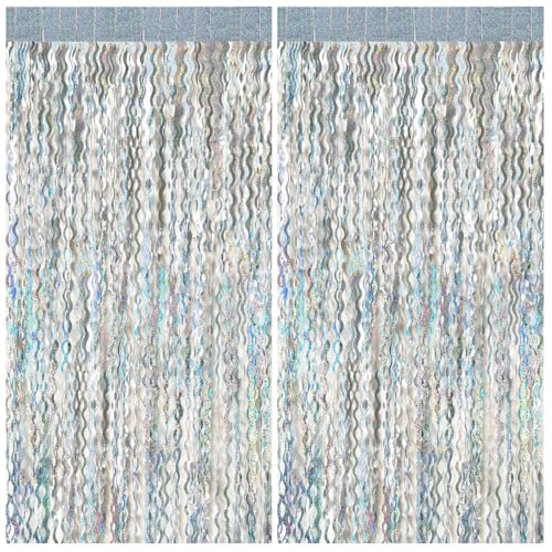 2 Pack Silver Backdrop Curtain Tinsel Streamers Sparkle Metallic Wavy Foil Fringe Photo Booth Props for Birthday Graduation Bachelorette New Year Christmas Wedding Disco Party Decorations