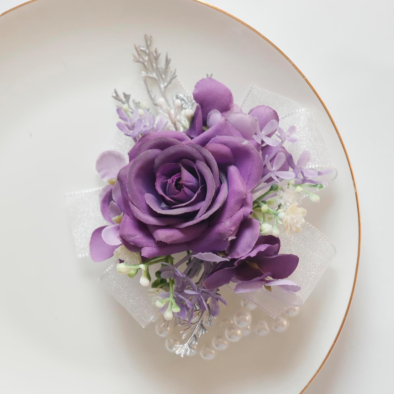 2 Pieces Of Corsage And Boutonniere Set, Artificial Flowers Accessories Suit Decor For Wedding Prom Party Homecoming Ceremony Anniversary -Dark Purple+Purple