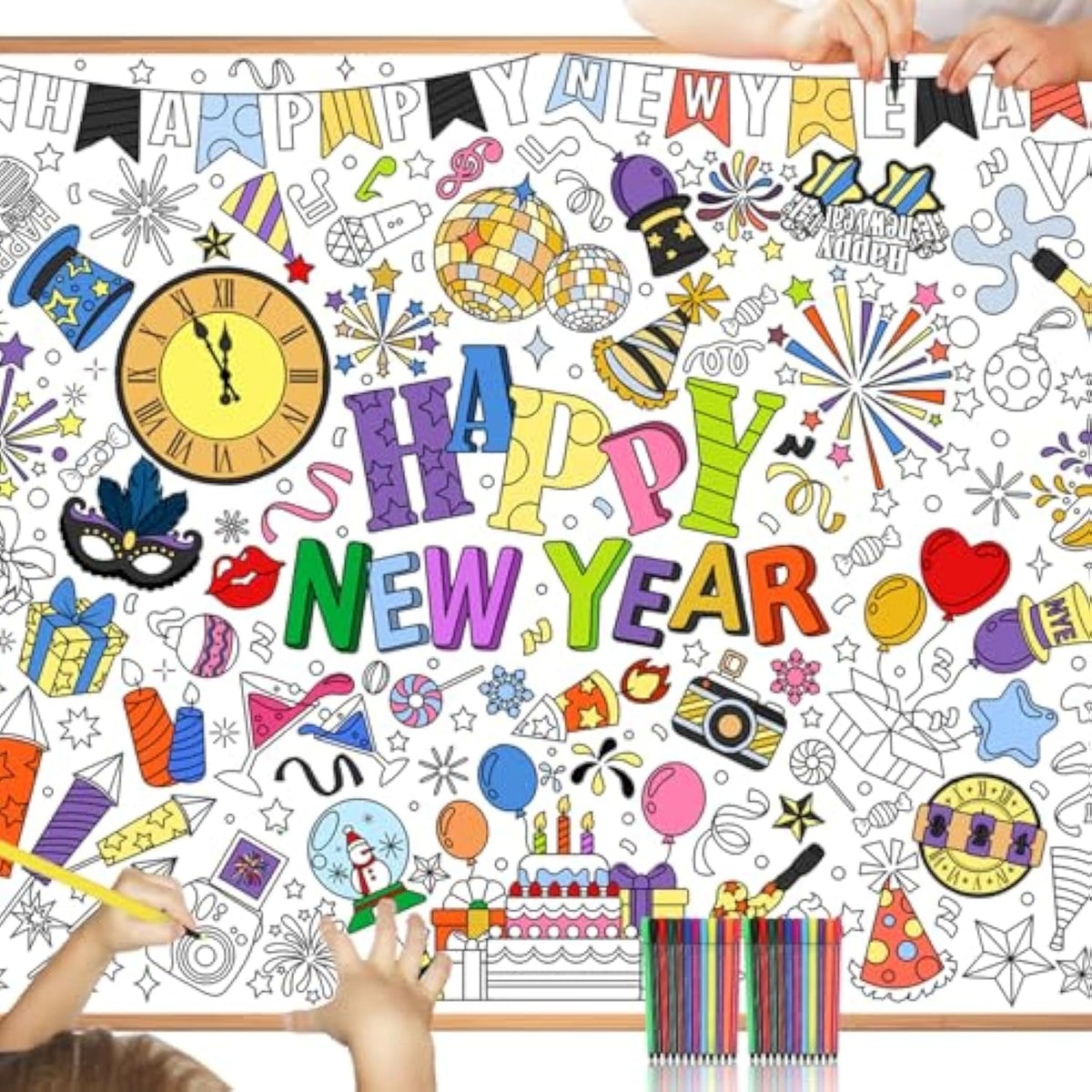 Happy New Year 2026 Coloring Poster with Paint Pens for Kids Parties