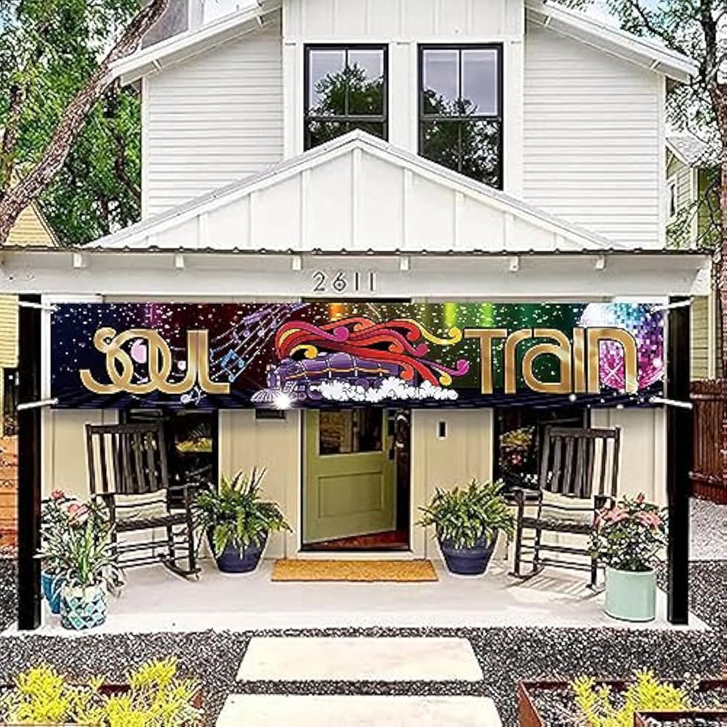118 X 20 Inches 70S 80S Train Theme Yard Door Banner Sign Disco Party Decoration Banner Neon Light Flash Newborn Baby Show Birthday Party Cake Table Decoration Banner