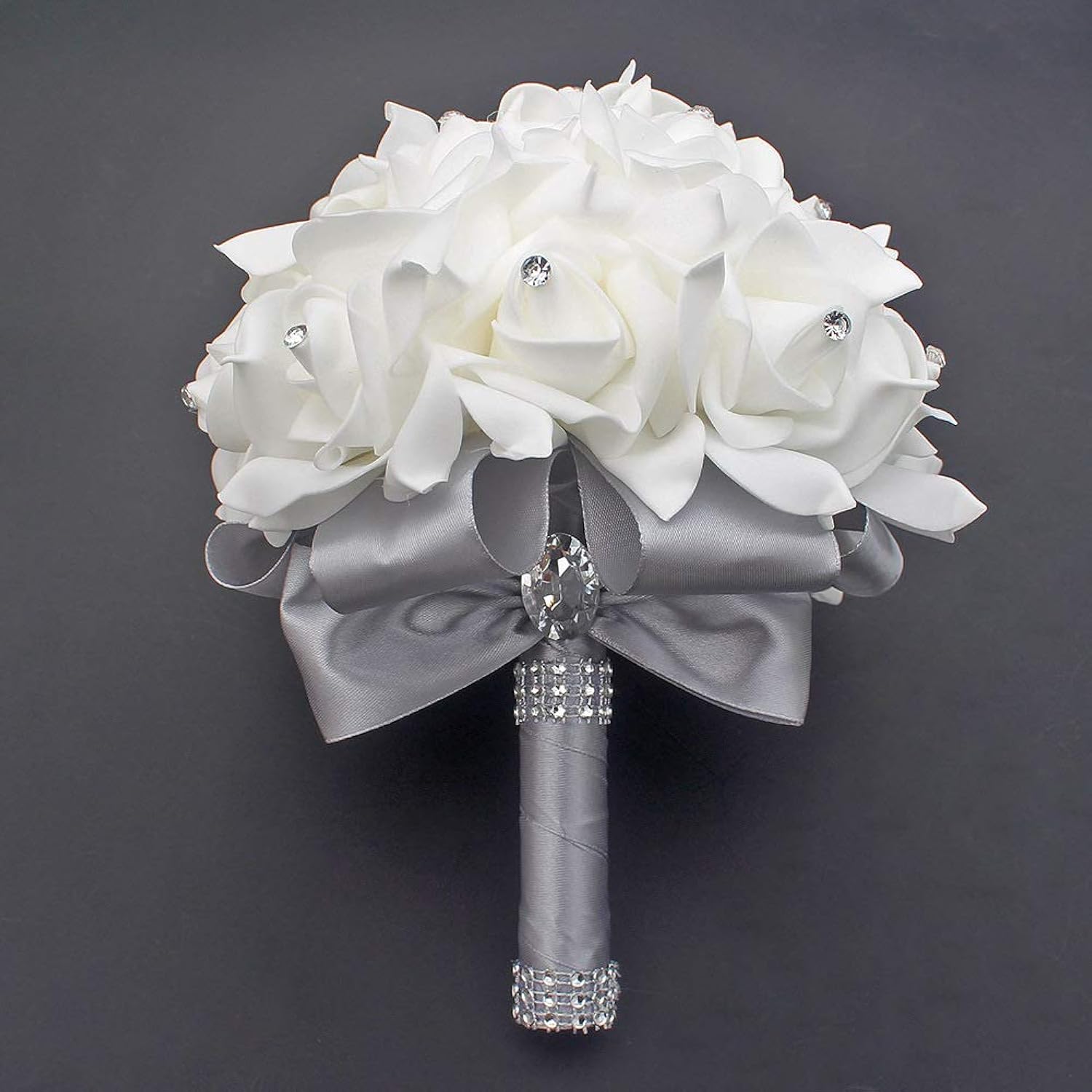 Wedding Bouquets Crystal Pe Roses Bridal Bridesmaid Wedding Hand Holding Bouquet Artificial Fake Flowers Toss Bouquet, Silver