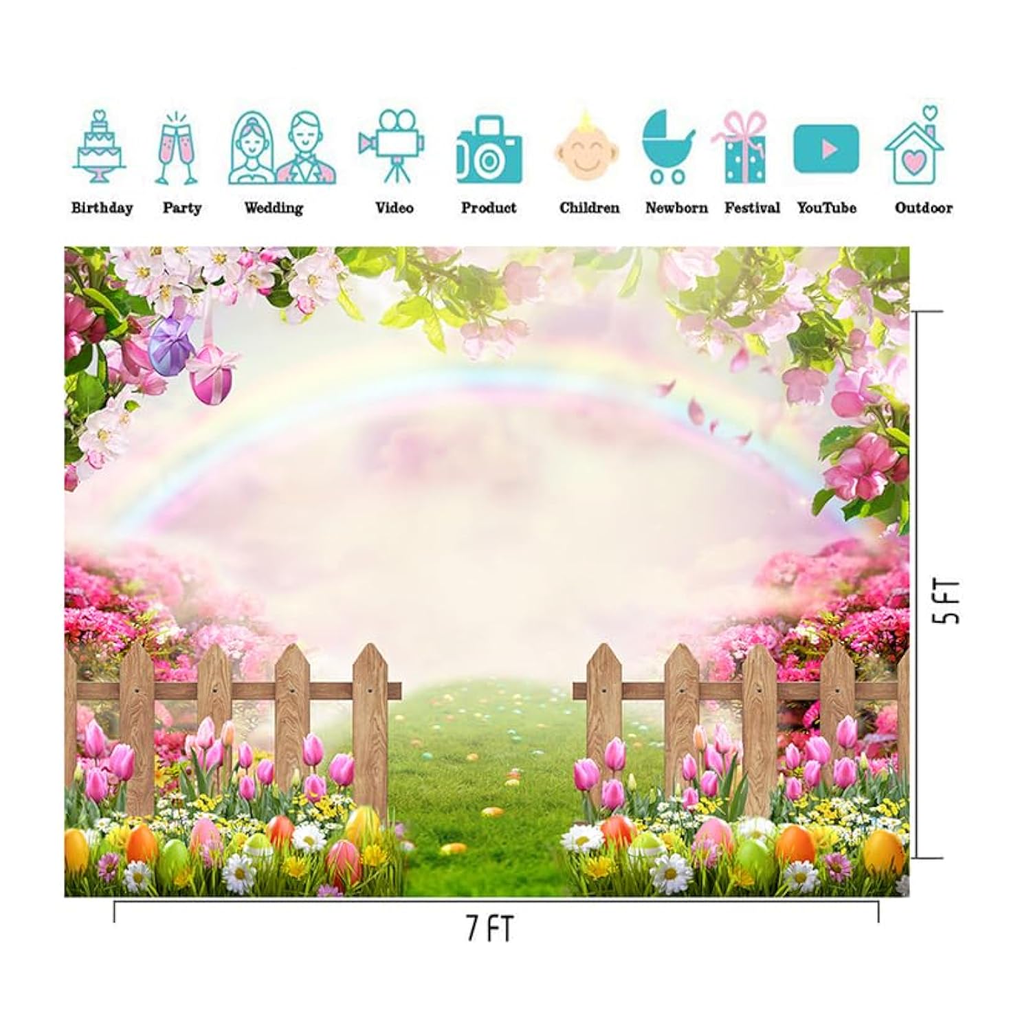 7X5Ft Easter Backdrop Spring Easter Photography Backdrop Green Grass Pink Floral Colorful Eggs Rainbow Nature Scenery Background Children Birthday Party Banner Easter Party Backdrop