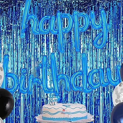 2 Pcs Blue Door Streamers Tinsel Curtain Party Backdrop Fringe Foil Wall Background for Birthday Halloween Christmas Wedding Boys Baby Shower Party Decoration(3.28 ft x 6.56 ft)