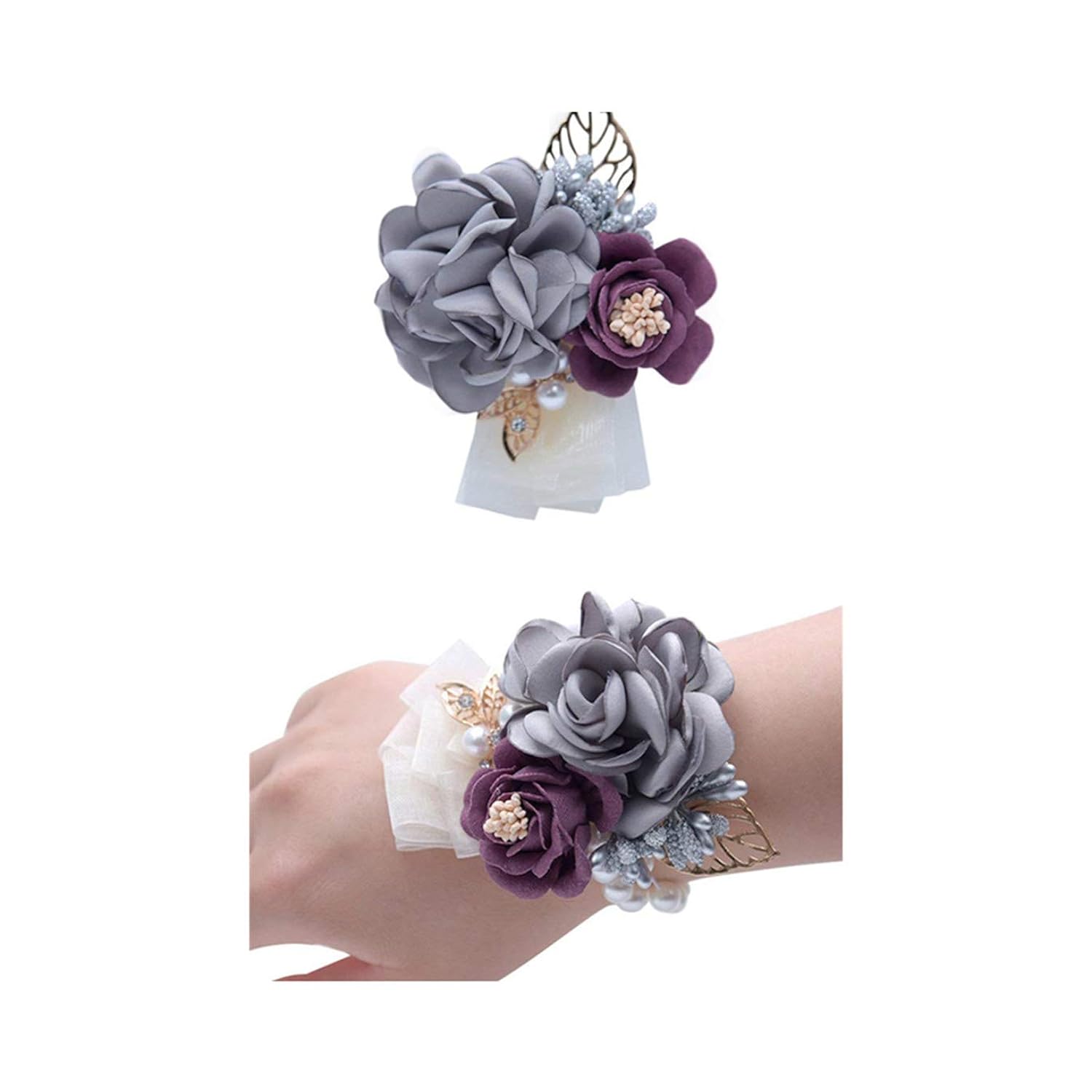 Rose Wedding Wrist Corsage And Boutonniere Set Party Prom Hand Ribbon Flower Suit Decor (Light Gray)