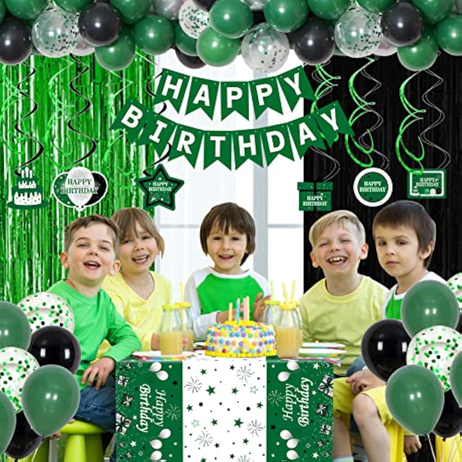 Green And Black Party Decorations For Men Women Boys Girls - Birthday Supplies With Happy Birthday Banner, Tablecloth, Fringe Curtains, Streamers, Confetti, Balloons
