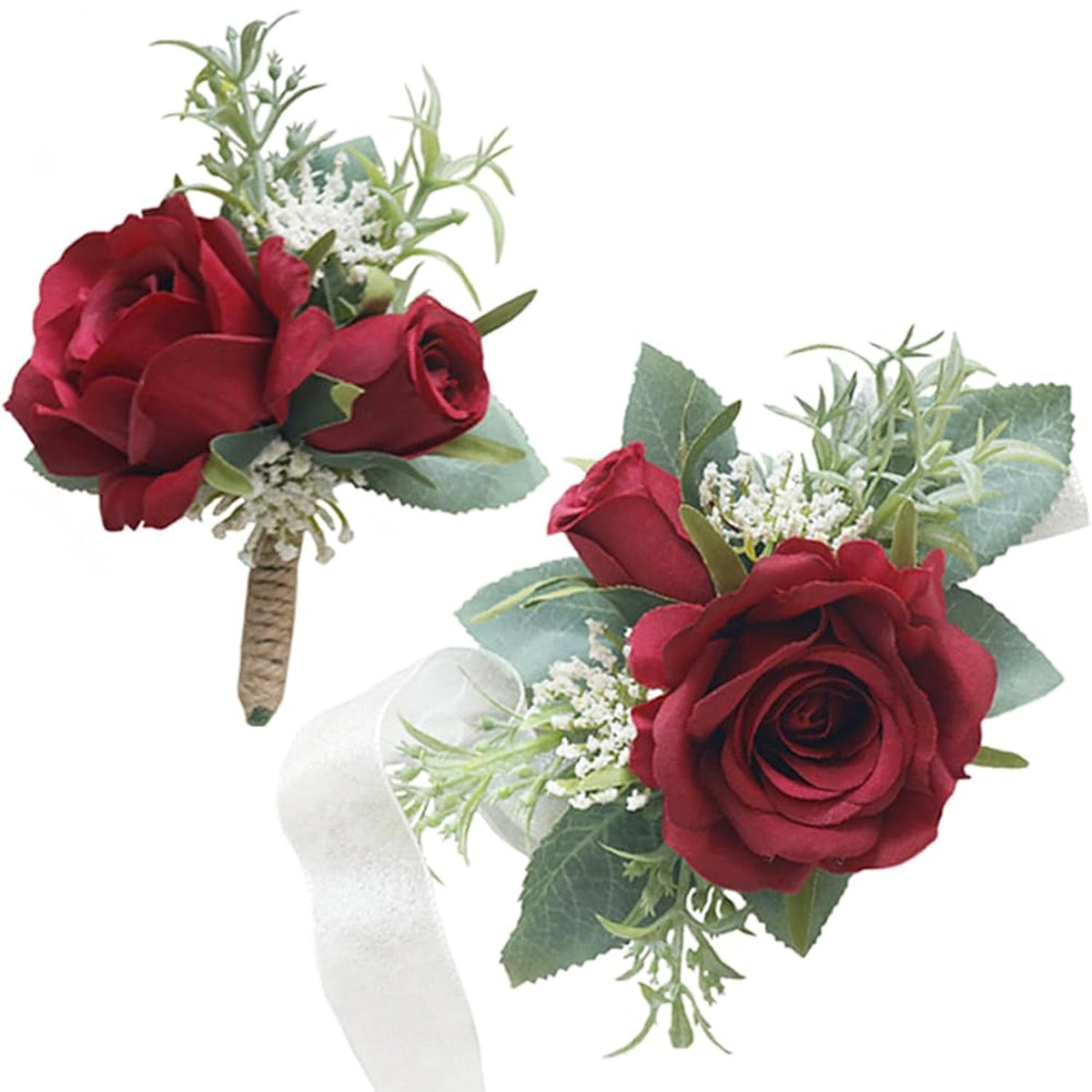 Wrist Corsage And Boutonniere Set Artificial Rose Flowers Accessories For Groom Bride Groomsmen Bridesmaids Wedding Party Prom Suit - Burgundy 2 Pieces