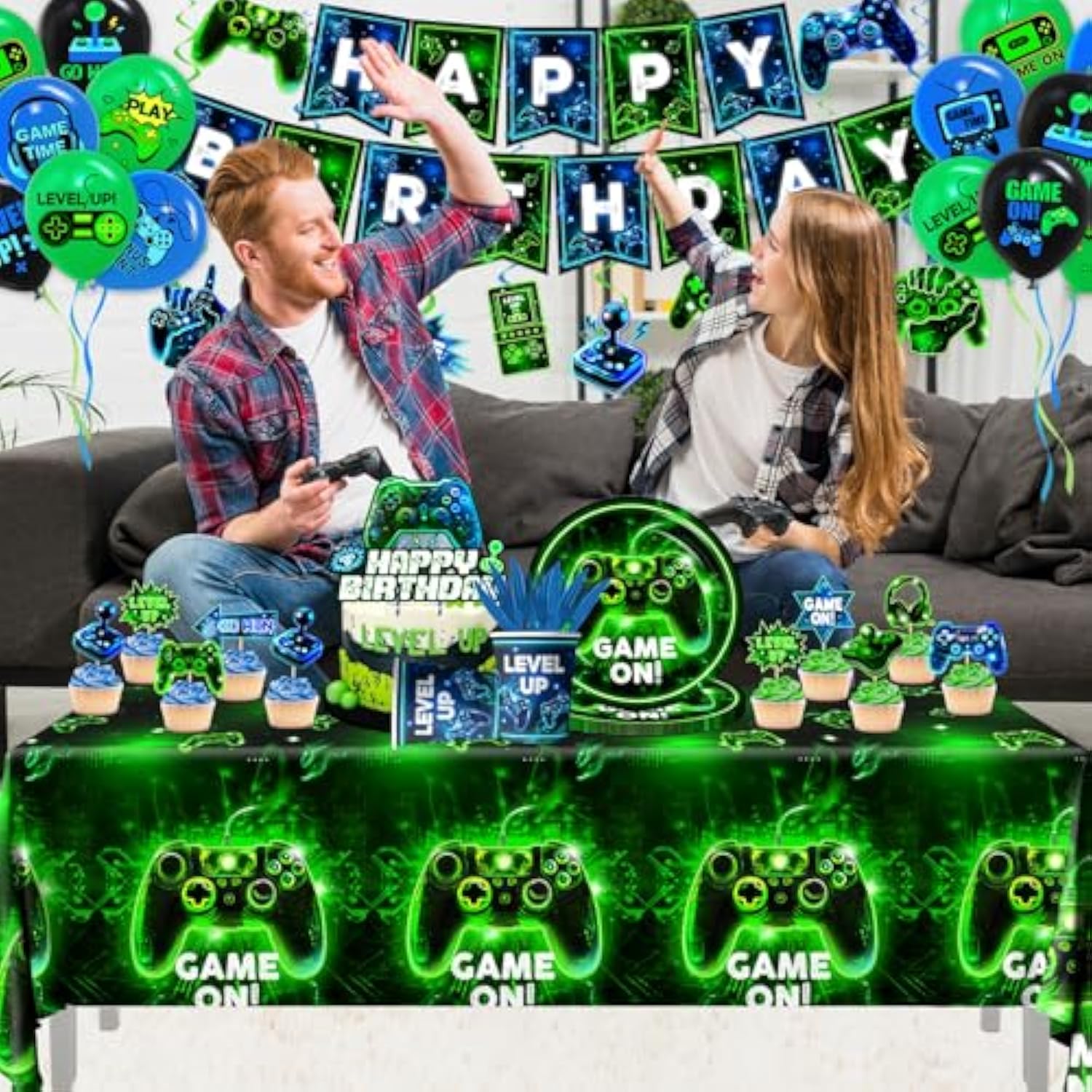 Video Game Birthday Party Decoration - Neon Game Party Tableware Include Plate Napkin Banner Tablecloth Game Level Up Theme Decorations For Boy Gamer Birthday Decor Serves 24