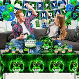 Video Game Birthday Party Decoration - Neon Game Party Tableware Include Plate Napkin Banner Tablecloth Game Level Up Theme Decorations For Boy Gamer Birthday Decor Serves 24