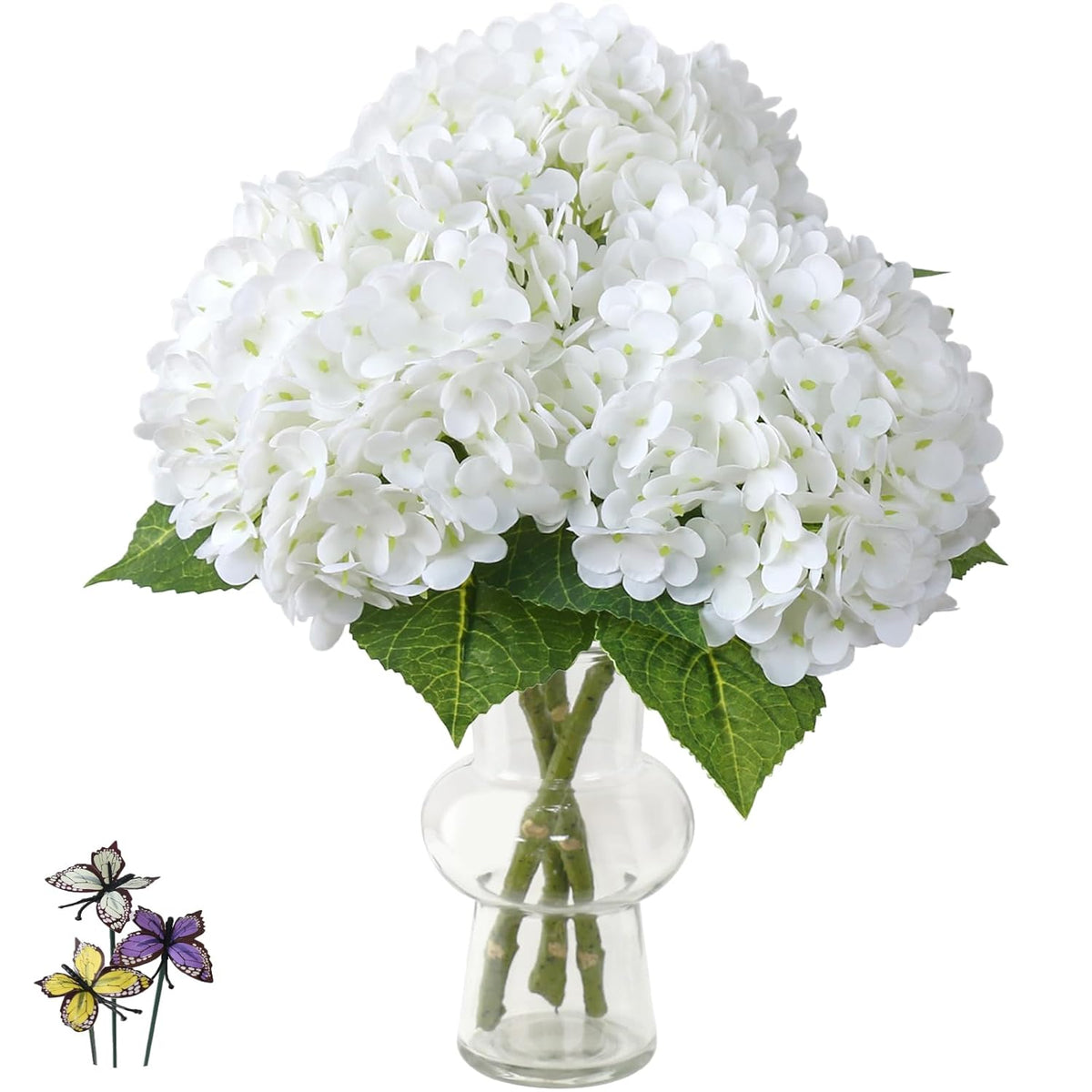 3Pcs White Hydrangea Artificial Flowers,21" Full Large Faux Hydrangea Flowers With 3 Pcs Butterflies,Latex Real Touch Flowers For Home Decor Floral Arrangements Wedding Bouquets Centerpieces