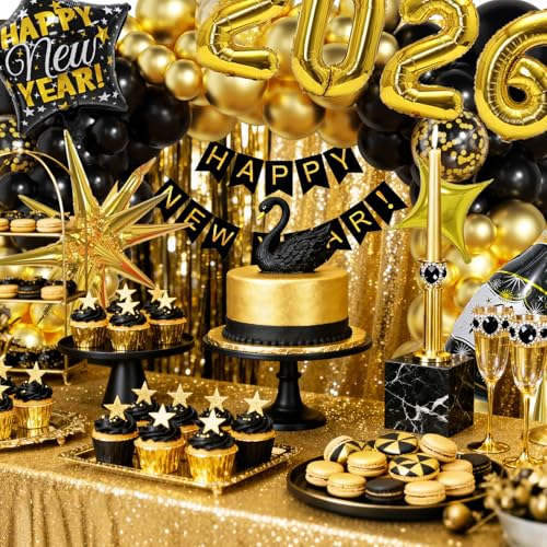 New Years Decorations 2026, New Year Balloon Arch with Black Gold Confetti Balloons 2026 Number Balloons New Year Banner for Eve Party Supplies Nye Decorations