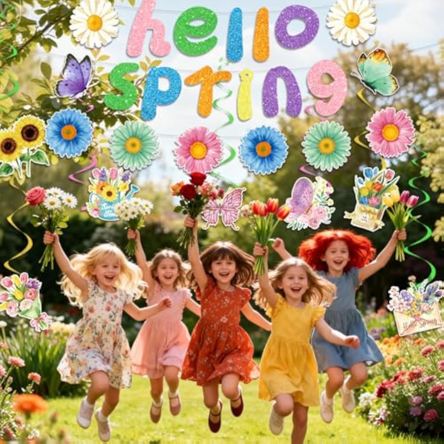 22Pcs Spring Party Decorations, Hello Spring Decor With Hello Spring Banner Garland Hanging Swirls Butterfly Flowers Hanging Decorations Spring Decorations For Office Home Office Classroom