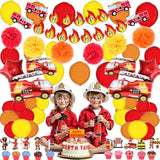 Fire Truck Theme Party Supplies Set : Decorations With Happy Birthday Banner , Table Covers , Foil & Latex Balloons . Cake Topper , Paper Pom , Firefighter Tattoo Sticker . Perfect For Kids Party !