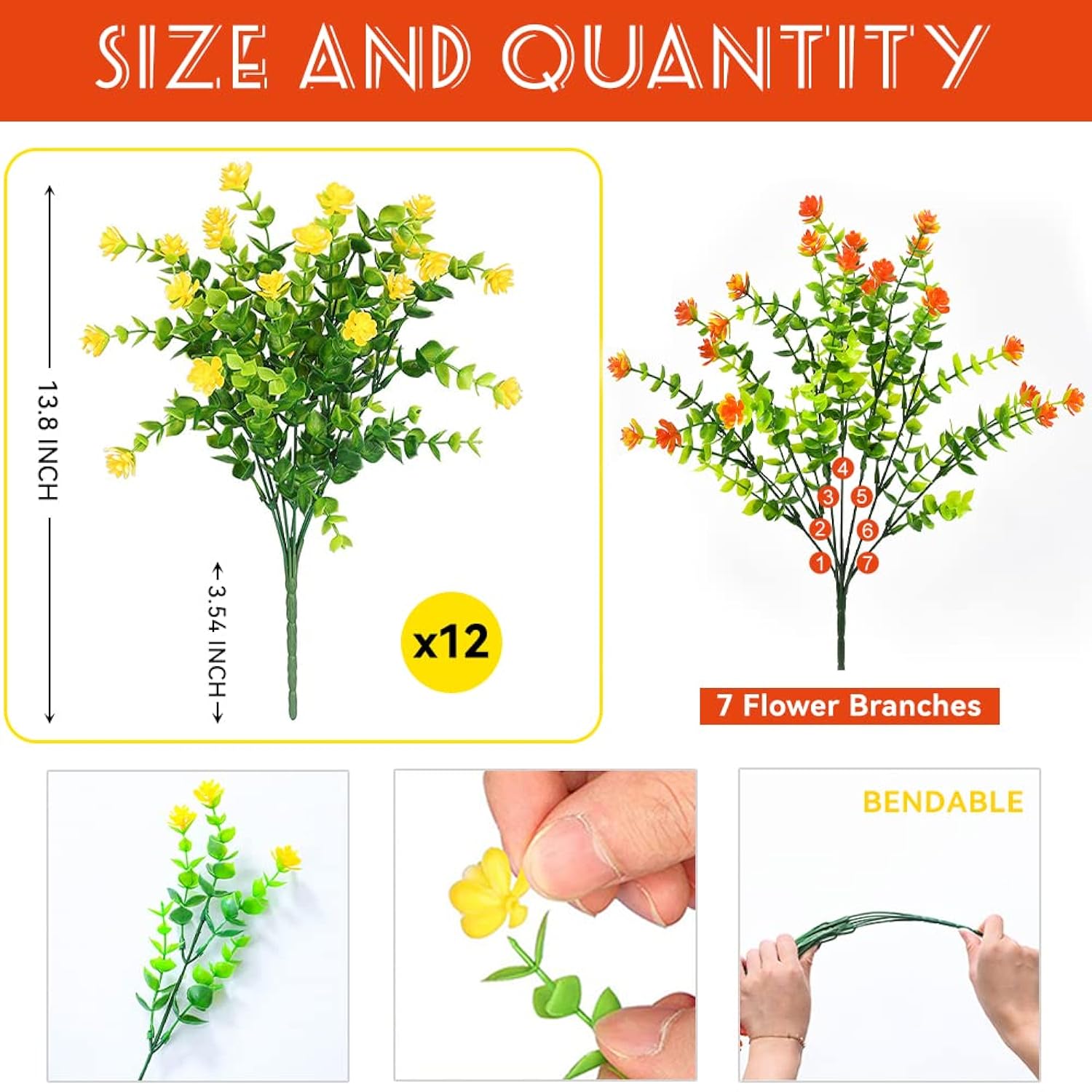 12 Bundles Artificial Flowers Outdoor Fake Plant Uv Resistant Faux Plastic Greenery Shrubs Plants For Garden Porch Hanging Planter Window Patio Farmhouse Decoration Real Looking (Orangered)