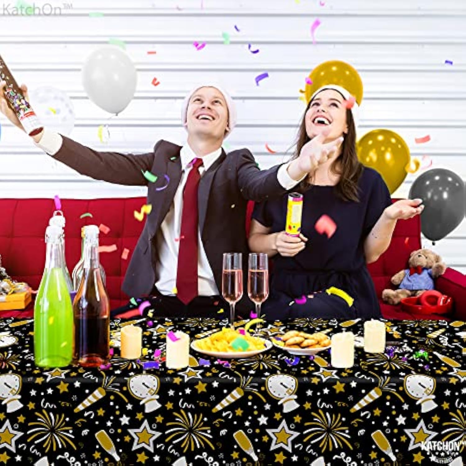 3 Pcs 108x54 Inch Black Gold Happy New Year Tablecloths 2026 Disposable Party Decor