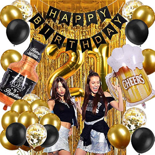21St Birthday Decorations For Him Men, Happy 21 Bday Decor Black And Gold For Her Women Party Supplies