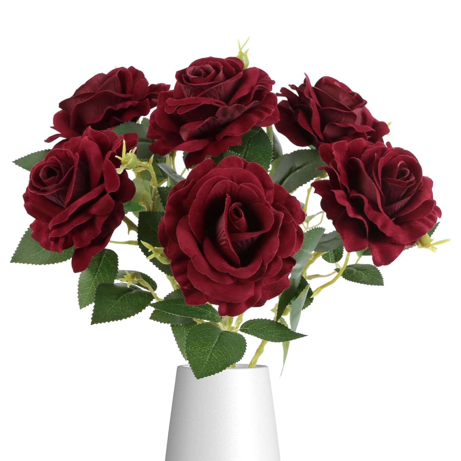 6Pcs Dark Red Roses Artificial Flowers Real Touch Velvet Roses Realistic Faux Roses With Stems For Wedding Bridal Bouquet Home Party Garden Outdoor Decoration(Burgundy)