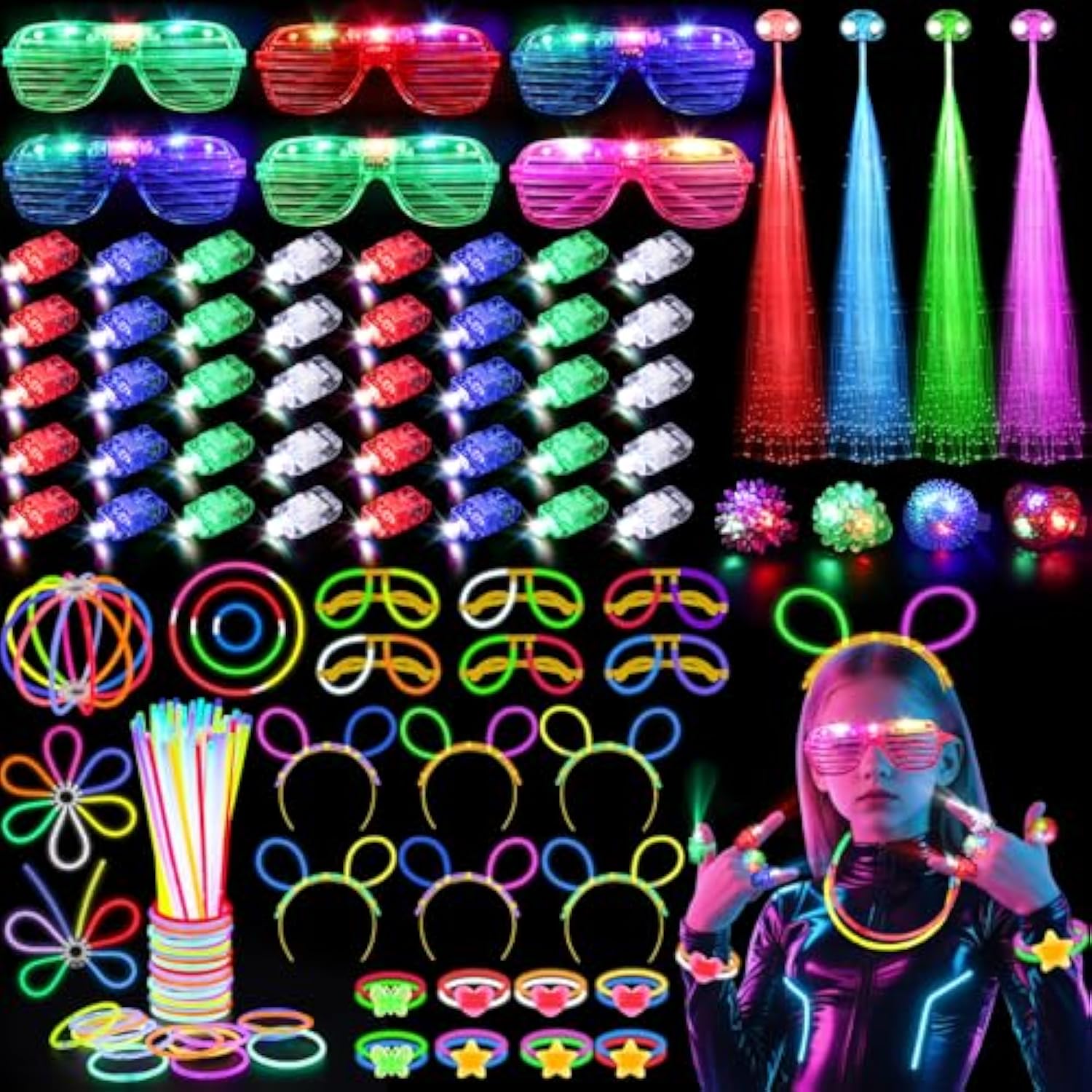 Glow In The Dark Party Supplies For Kids Adults, 128Pcs Light Up Party Favors With Led Glasses, Led Hair Clips,Finger Lights, Rings, Glow Sticks, Neon Bracelets Headbands Molds For Halloween Raves